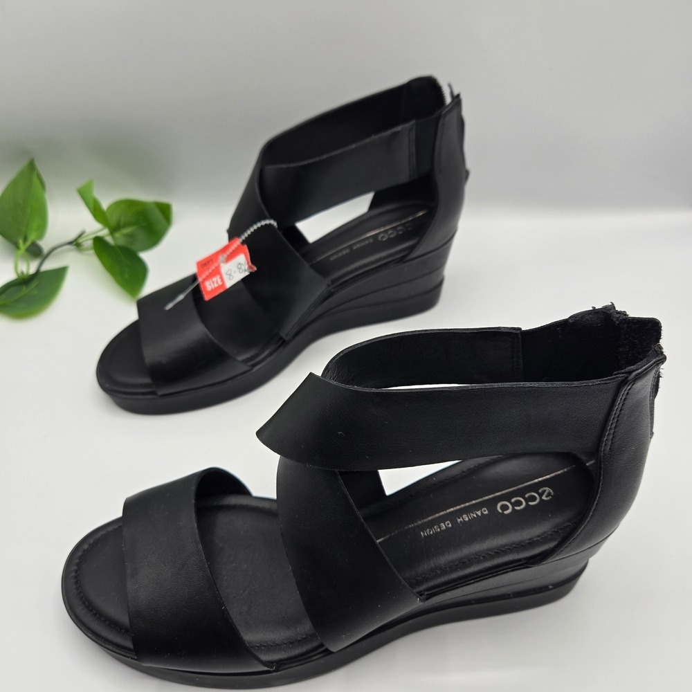 ECCO Black Leather Cross Strap Wedge Sandals Danish Design WMS 8